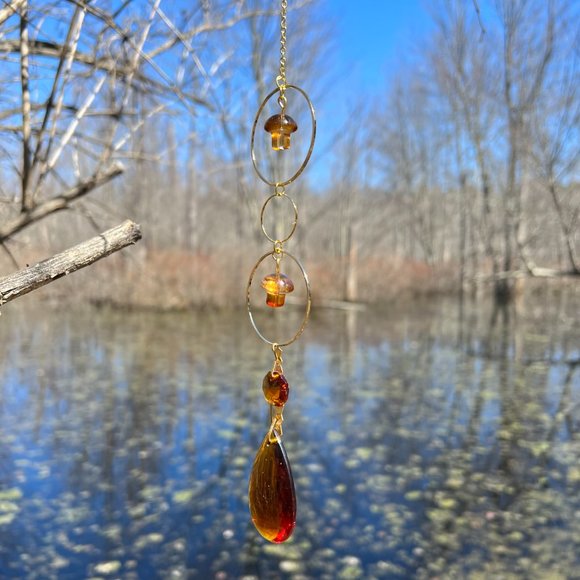 70s Retro Vibes Boho Mushroom Suncatcher Gold and Amber Colors - Picture 4 of 4